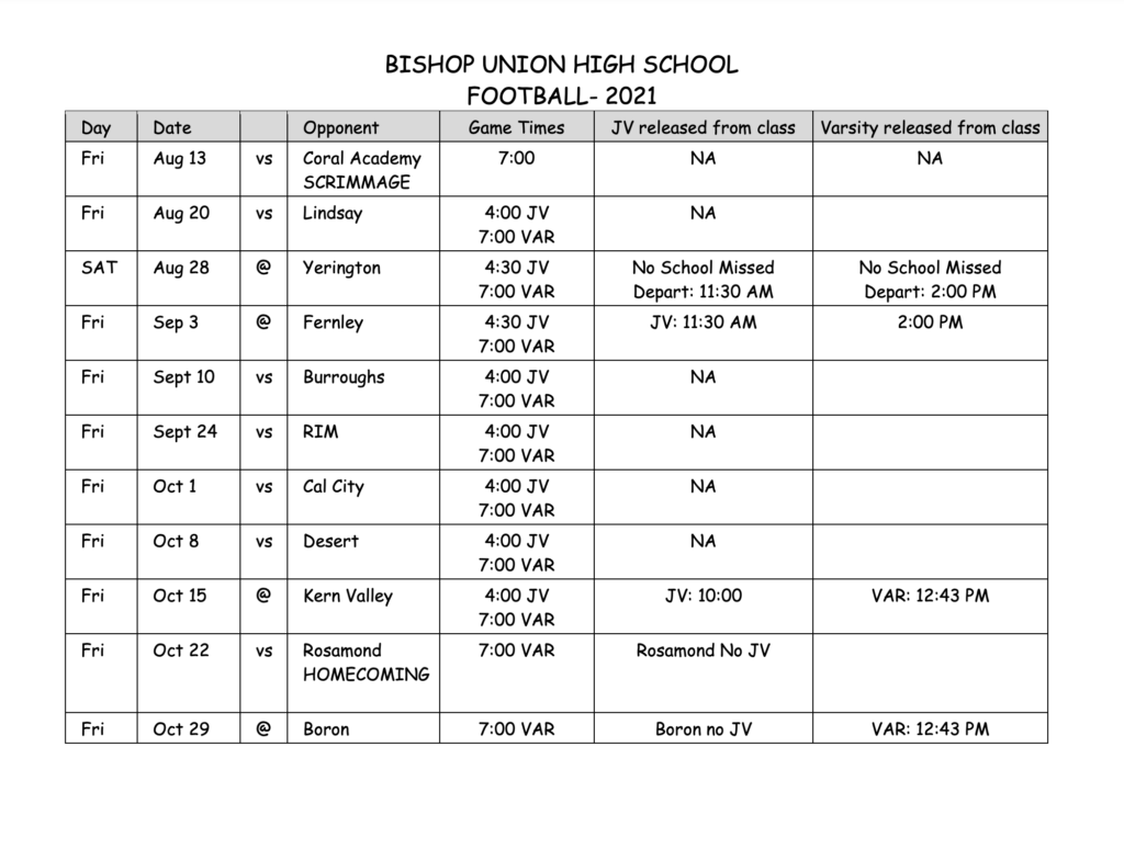 Bishop Bronco High School Football is Back! 2 BUHS Football Schedule