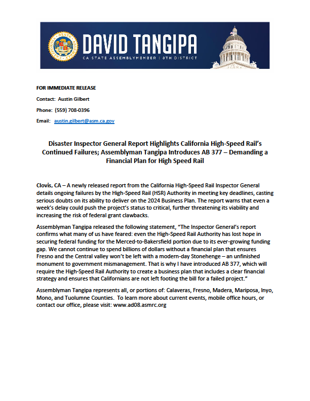Assemblyman Tangipa high speed rail