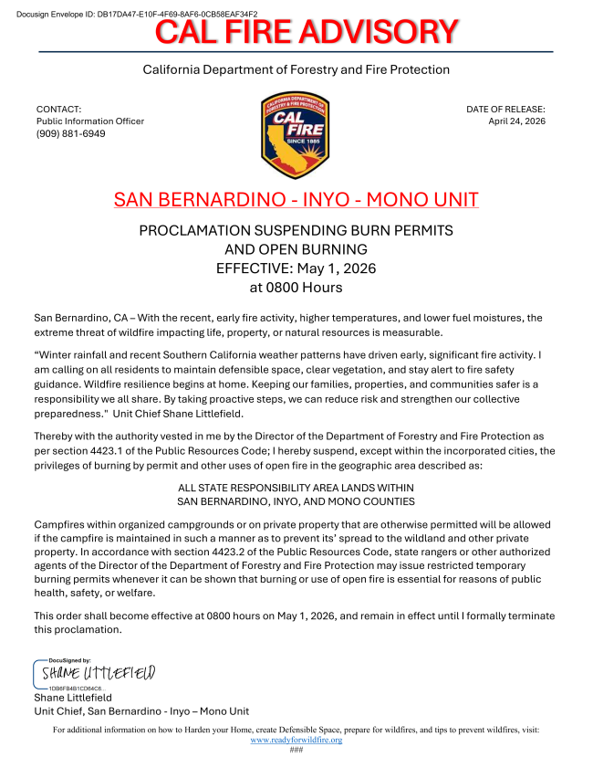 CAL FIRE Advisory: Proclamation Suspending Burn Permits and Open Burning 1 cal fire