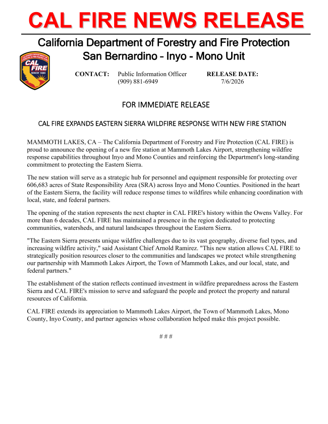 CAL FIRE opens Fire Station in Mono County 1 cal fire mono county
