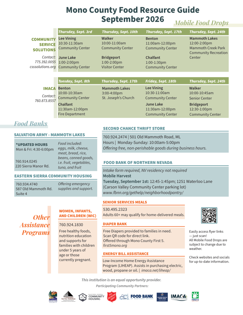 Mono County Food Resource Guide – Sept 2026 | Guía de recursos alimentarios del condado de Mono – Septiembre de 2026 2 mono county