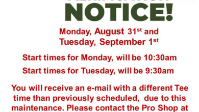 NOTICE: Bishop Country Club Greens Aerification, Monday, August 31st and Tuesday, September 1st 8 bishop country club