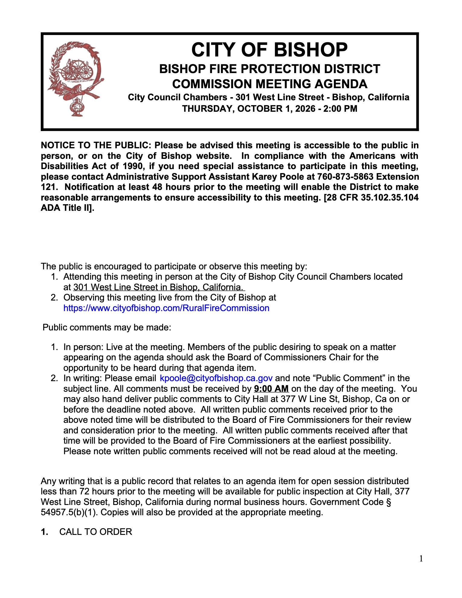 Bishop Fire Protection District Commission Meeting Agenda 1 bishop fire