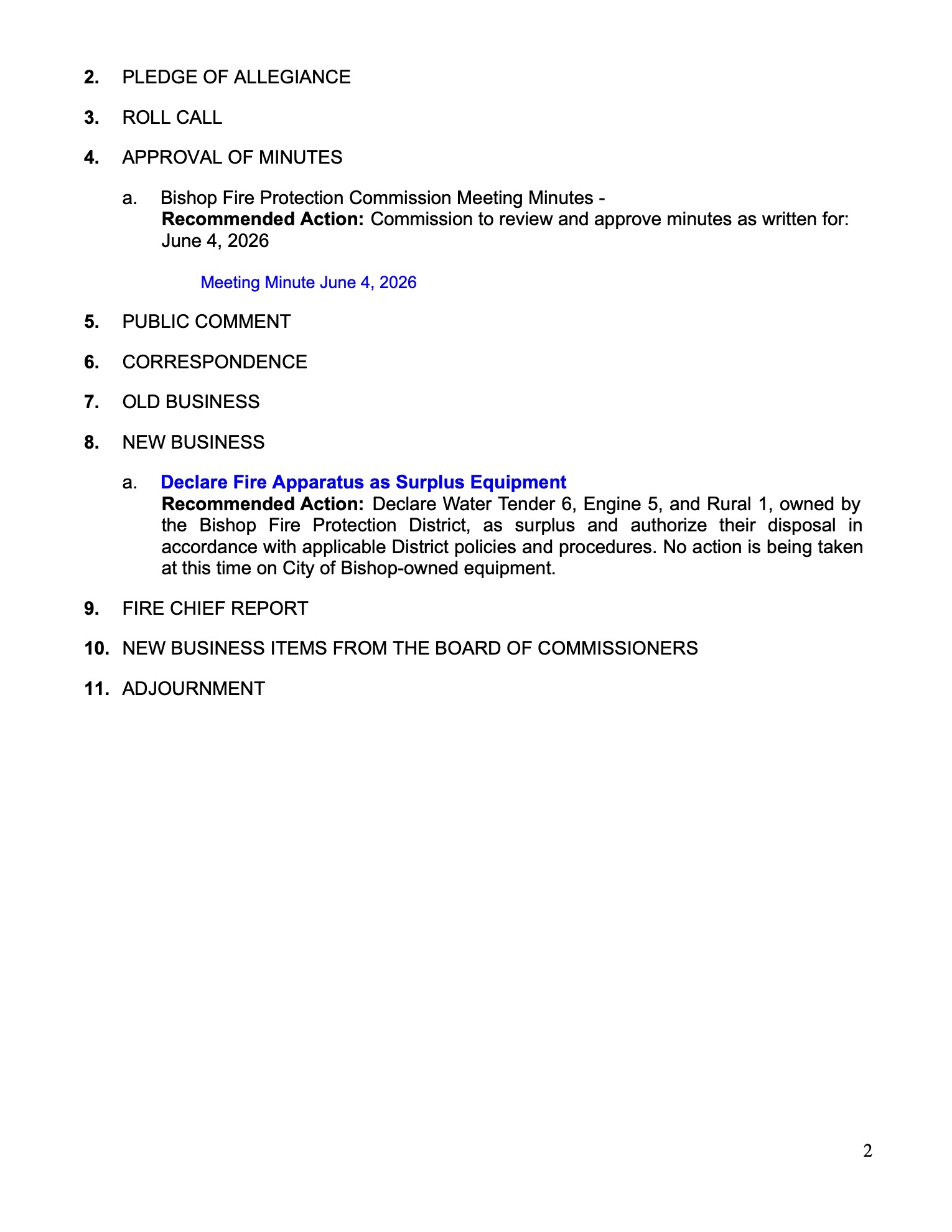 Bishop Fire Protection District Commission Meeting Agenda 2 bishop fire protection district